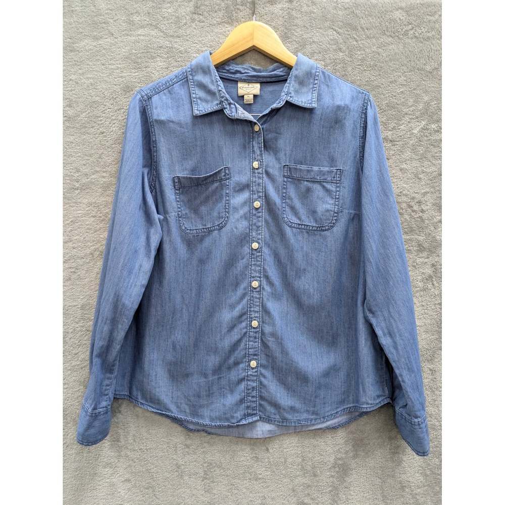 Classic Chambray Button Down Shirt Womens PL Blue Cotton Long Sleeve Pocket